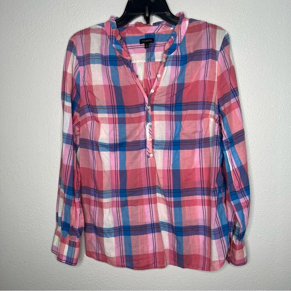 Talbots Pink Blue White Plaid Long Sleeve Cotton Henley Blouse Women's size L